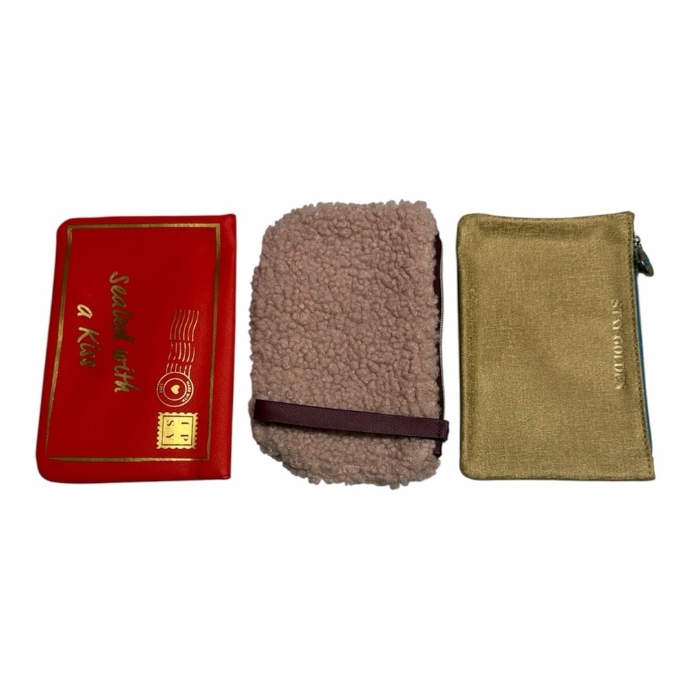 Set of Three Makeup Pouches - Red, Beige, Gold